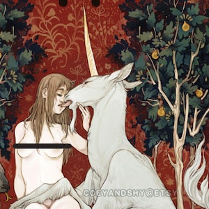 May include: A woman with long brown hair is kissing a white unicorn with a gold horn. The background is a red and gold tapestry with a tree with green leaves and yellow fruit.