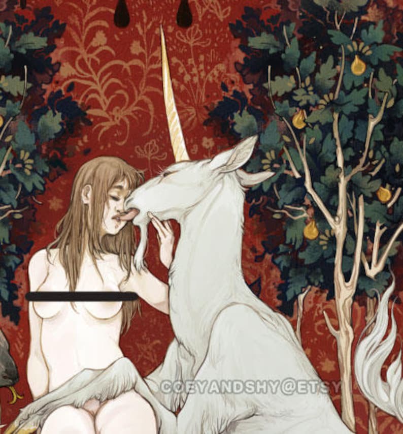 May include: A woman with long brown hair is kissing a white unicorn with a gold horn. The background is a red and gold tapestry with a tree with green leaves and yellow fruit.