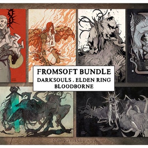 May include: A set of six illustrated art prints featuring characters and creatures from the FromSoftware video game series Dark Souls, Elden Ring, and Bloodborne. The prints are in a variety of styles, including black and white, color, and a combination of both. The prints are all framed in a simple black frame.