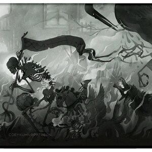May include: A black and white illustration of a skeletal figure holding a banner, surrounded by other figures and creatures. The image has a dark and mysterious feel.
