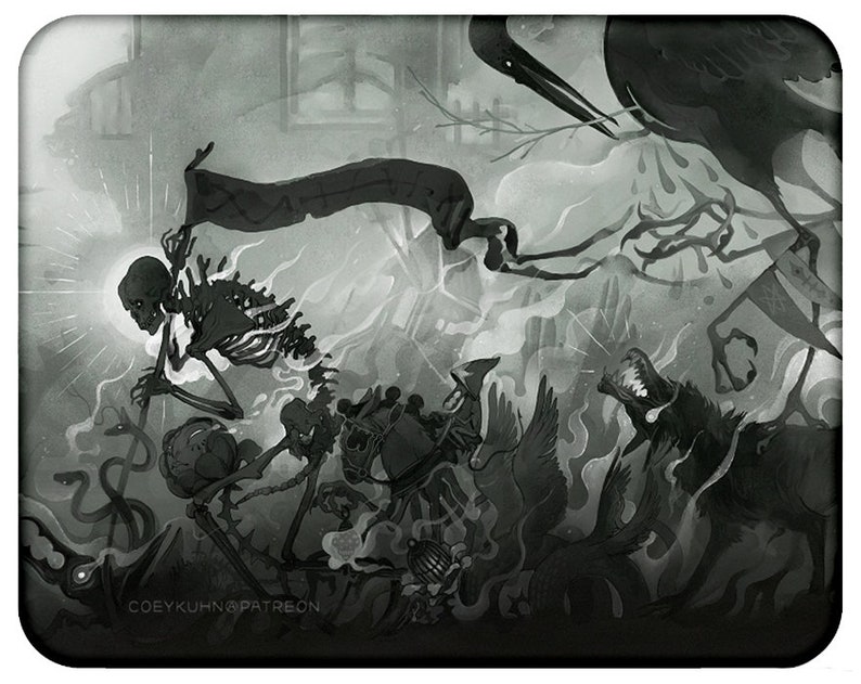 May include: A black and white illustration of a skeletal figure holding a banner, surrounded by other figures and creatures. The image has a dark and mysterious feel.