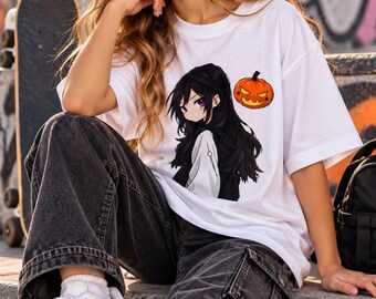 Dark Anime Girl with Jack-o'-Lantern Kids Tee | Halloween kawaii shirt