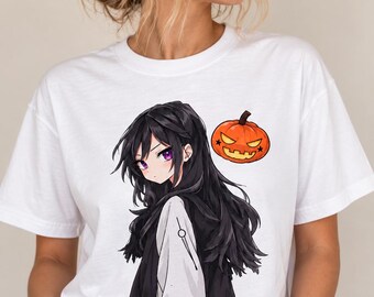 Anime Goth with Jack-o'-Lantern T-Shirt | Halloween Illustration