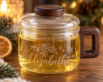 Personal Christmas Mug with Name, Glass Tea Cup with Lid & Infuser, Gift for Her