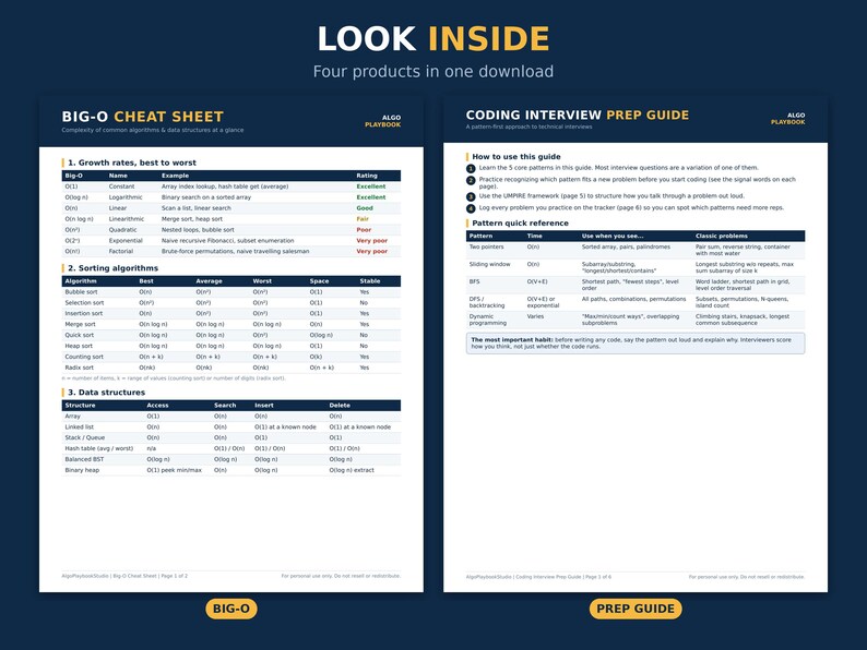 May include: A digital document titled LOOK INSIDE featuring two pages: a Big-O Cheat Sheet with tables for growth rates, sorting algorithms, and data structures, and a Coding Interview Prep Guide with instructions and a pattern quick reference table.