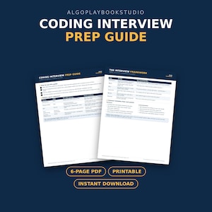 May include: A digital document titled Coding Interview Prep Guide and The Interview Framework, featuring white pages with dark blue and gold text. The content includes tables, bullet points, and instructions. Labels indicate 6-page PDF, printable, and instant download.