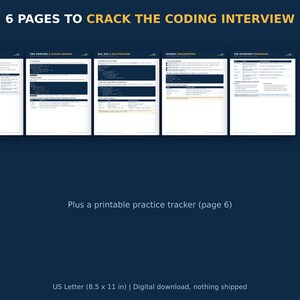 May include: Six pages of coding interview study material titled 6 PAGES TO CRACK THE CODING INTERVIEW. The document includes technical guides, code snippets, and a printable practice tracker. The pages are formatted for US Letter 8.5 x 11 inches.