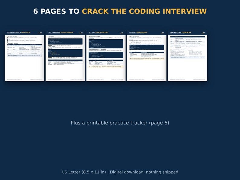 May include: Six pages of coding interview study material titled 6 PAGES TO CRACK THE CODING INTERVIEW. The document includes technical guides, code snippets, and a printable practice tracker. The pages are formatted for US Letter 8.5 x 11 inches.