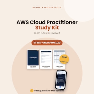 Puede incluir: Un kit de estudio AWS Cloud Practitioner como recurso digital con 5 archivos en una descarga. Incluye 150 tarjetas, 100 preguntas y una hoja de trucos mostrada en la pantalla de un teléfono. El texto incluye "Learn it, test it, review it".