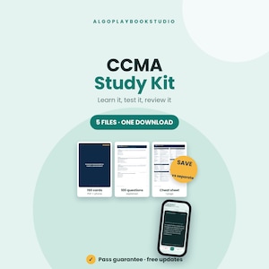 May include: A CCMA Study Kit digital resource featuring the text ALGOPLAYBOOKSTUDIO, CCMA Study Kit, Learn it, test it, review it, 5 FILES - ONE DOWNLOAD, 150 cards, 100 questions, Cheat sheet, SAVE vs separate, and Pass guarantee - free updates.