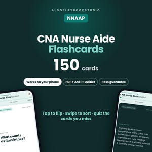 Puede incluir: Tarjetas de estudio digitales para auxiliares de enfermería CNA con 150 cartas NNAAP. La imagen muestra dos teléfonos inteligentes con interfaces de aplicación y texto como Works on your phone, PDF + Anki + Quizlet y Pass guarantee.