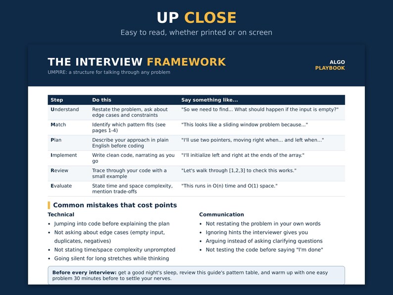 May include: A white and dark blue informational chart titled THE INTERVIEW FRAMEWORK, featuring the UMPIRE acronym. It outlines steps for technical interviews, including Understand, Match, Plan, Implement, Review, and Evaluate, plus common mistakes.