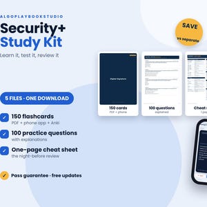 Säkerhet+ Studiepaket | 150 bildkort + 100 övningsfrågor + fusklapp | SY0-701 | PDF + Interaktiv + Anki
