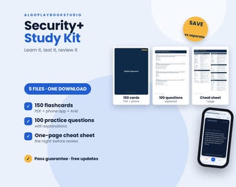 Security+ Study Kit | 150 Flashcards + 100 Practice Questions + Cheat Sheet | SY0-701 | PDF + Interactive + Anki