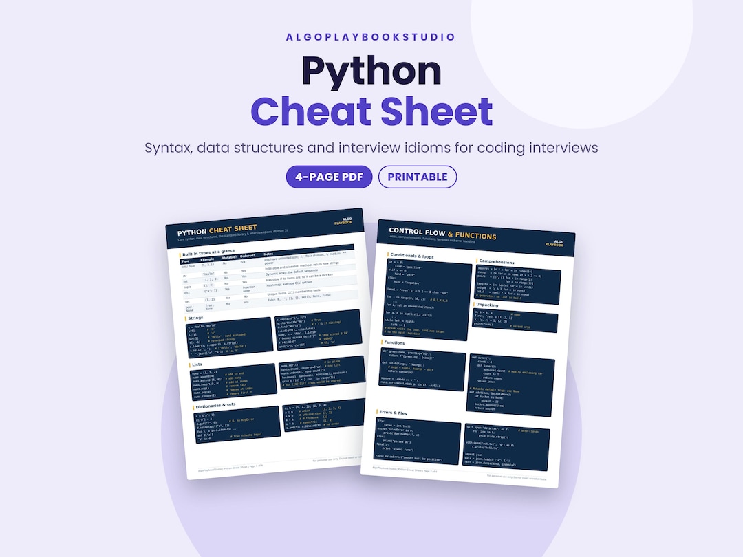 Python Cheat Sheet for Coding Interviews | 4-page Printable PDF - Etsy UK