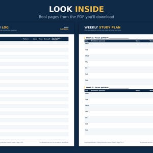 Pu&ograve; includere: Due pagine di agenda digitale con intestazioni blu scuro e sfondi bianchi. La pagina a sinistra &egrave; un registro dei problemi con colonne per data, problema, modello, livello, tempo, risolto e intuizione chiave. La destra &egrave; un piano settimanale.