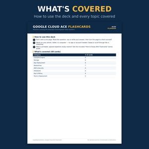 May include: A white informational document titled Google Cloud Ace Flashcards with a dark blue header. It outlines how to use the deck and lists 48 cards across categories including Compute Engine, Storage, App Deployment, Networking, IAM & Security, Databases, Ops & Billing, and Tools & Deployment.