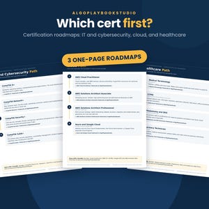 May include: Three white informational sheets titled IT and Cybersecurity Path, Cloud Path, and Healthcare Path. The text includes certification roadmaps for CompTIA, AWS, Azure, and Google Cloud. A yellow banner at the top reads 3 ONE-PAGE ROADMAPS.