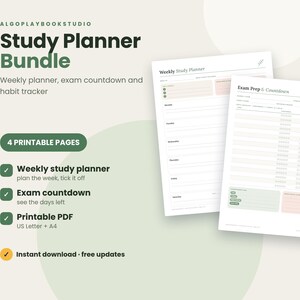 May include: A study planner bundle featuring four printable pages including a weekly study planner and an exam prep and countdown sheet. The text includes Study Planner Bundle, Weekly Study Planner, Exam Prep & Countdown, and 4 Printable Pages.