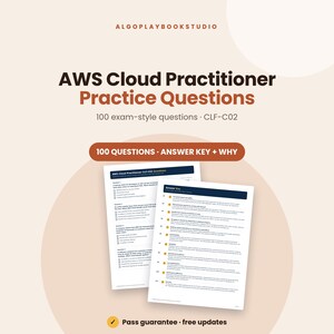 Könnte beinhalten: Ein digitaler Studienleitfaden mit dem Titel AWS Cloud Practitioner Practice Questions, der 100 prüfungsrelevante Fragen und einen Antwortschlüssel für die CLF-C02-Prüfung enthält. Das Dokument bietet Multiple-Choice-Fragen und Erklärungen.