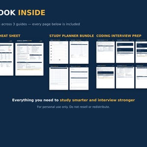 May include: A digital document display titled A LOOK INSIDE featuring 12 pages across 3 guides: BIG-O CHEAT SHEET, STUDY PLANNER BUNDLE, and CODING INTERVIEW PREP. The layout includes white pages with dark blue headers and text on a dark blue background.