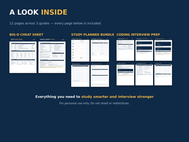 May include: A digital document display titled A LOOK INSIDE featuring 12 pages across 3 guides: BIG-O CHEAT SHEET, STUDY PLANNER BUNDLE, and CODING INTERVIEW PREP. The layout includes white pages with dark blue headers and text on a dark blue background.