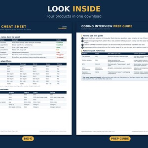 May include: A digital document titled LOOK INSIDE featuring two pages: BIG-O CHEAT SHEET with tables for growth rates, sorting algorithms, and data structures, and CODING INTERVIEW PREP GUIDE with instructions and a pattern quick reference table.