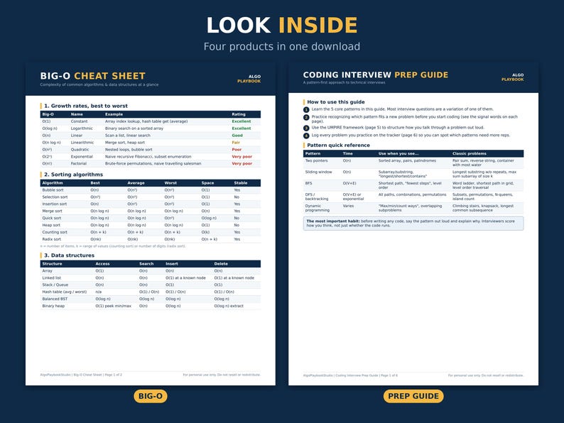 May include: A digital document titled LOOK INSIDE featuring two pages: BIG-O CHEAT SHEET with tables for growth rates, sorting algorithms, and data structures, and CODING INTERVIEW PREP GUIDE with instructions and a pattern quick reference table.