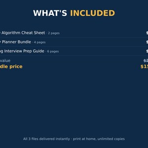 May include: A dark blue digital document listing the contents of a bundle: Big-O Algorithm Cheat Sheet (2 pages), Study Planner Bundle (4 pages), and Coding Interview Prep Guide (6 pages). The text at the bottom states: All 3 files delivered instantly.