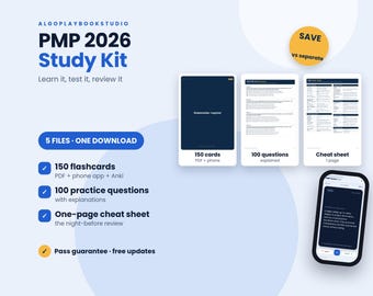 PMP Exam Study Kit 2026 | 150 Flashcards, 100 Questions, Cheat Sheet (Digital Download)