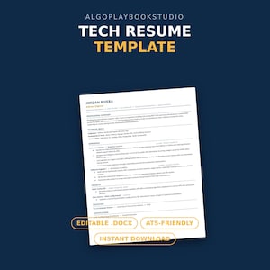 May include: A digital tech resume template document featuring the text ALGOPLAYBOOKSTUDIO TECH RESUME TEMPLATE at the top. The document includes sections for professional summary, technical skills, experience, projects, education, and certifications.