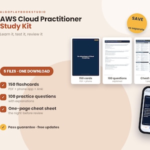 Könnte beinhalten: AWS Cloud Practitioner Lernset mit 150 Lernkarten, 100 Übungsfragen mit Erklärungen und einem einseitigen Spickzettel. Die digitalen Materialien werden neben einem Smartphone mit der Lern-App-Oberfläche dargestellt.