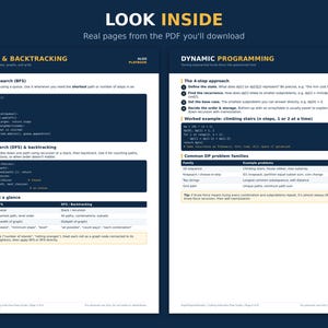 May include: Two pages of a digital coding interview guide titled LOOK INSIDE. The left page covers BFS, DFS & BACKTRACKING with code snippets and a comparison table. The right page details DYNAMIC PROGRAMMING with a 4-step approach and problem families.