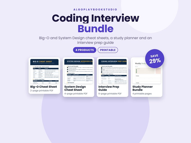 May include: A digital coding interview bundle from ALGOPLAYBOOKSTUDIO featuring a Big-O cheat sheet, a system design cheat sheet, an interview prep guide, and a study planner. These four printable PDF products are displayed with text labels.