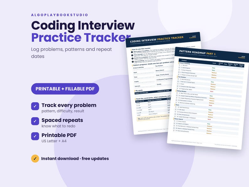 Pu&ograve; includere: Un documento digitale per il monitoraggio della pratica di colloqui di programmazione con due pagine e intestazioni blu scuro. Il testo include Coding Interview Practice Tracker, Pattern Roadmap Part 1 e sezioni per tracciare problemi e risultati.