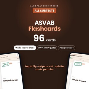 ASVAB-flashcards | 96 kaarten, alle onderdelen + AFQT-tips | Militaire studiegids | PDF + interactief