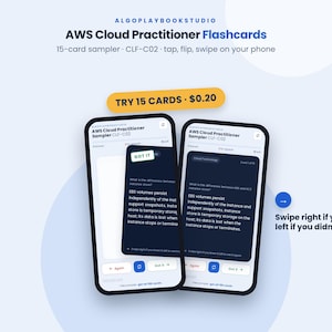 May include: Two smartphones display the AWS Cloud Practitioner Flashcards app with a 15-card sampler for CLF-C02. The screens show dark blue cards with white text, navigation buttons, and the text: Swipe right if you knew it, left if you didn't.
