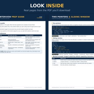 Puede incluir: Dos p&aacute;ginas de una gu&iacute;a digital de preparaci&oacute;n para entrevistas de programaci&oacute;n tituladas Coding Interview Prep Guide y Two Pointers & Sliding Window. El documento incluye texto, tablas y fragmentos de c&oacute;digo sobre algoritmos.