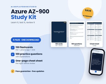 Azure AZ-900 Study Kit | 150 Flashcards, 100 Questions, Cheat Sheet (Digital Download)