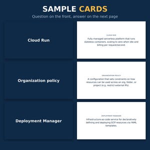May include: A set of sample cards on a dark blue background. The left column features dark blue cards with white text: Cloud Run, Organization policy, and Deployment Manager. The right column shows white cards with corresponding definitions.