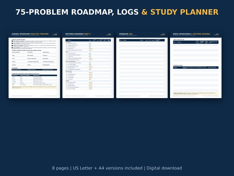Pu&ograve; includere: Un set di roadmap, registri e pianificatore di studio per 75 problemi composto da quattro pagine bianche con intestazioni e testo blu scuro. Le pagine includono un tracker per la pratica di colloqui di programmazione e un diario degli errori.