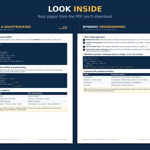Puede incluir: Dos p&aacute;ginas de una gu&iacute;a digital de entrevistas de programaci&oacute;n titulada LOOK INSIDE. La p&aacute;gina izquierda cubre BFS, DFS & BACKTRACKING con fragmentos de c&oacute;digo y una tabla comparativa. La p&aacute;gina derecha detalla DYNAMIC PROGRAMMING con un enfoque de 4 pasos.