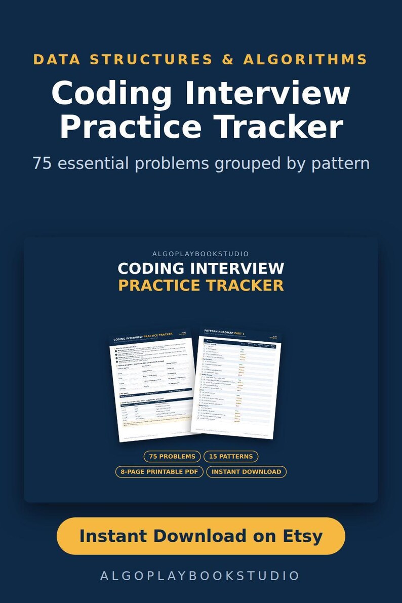 Pu&ograve; includere: Un documento digitale intitolato Coding Interview Practice Tracker che presenta 75 problemi essenziali raggruppati per modello. Il documento include un PDF stampabile di 8 pagine con una roadmap, visualizzato su uno sfondo blu scuro.
