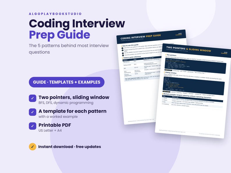 Puede incluir: Una gu&iacute;a digital de preparaci&oacute;n para entrevistas de programaci&oacute;n con dos p&aacute;ginas blancas, encabezados azul oscuro y fragmentos de c&oacute;digo. El texto incluye Coding Interview Prep Guide y Two Pointers & Sliding Window.