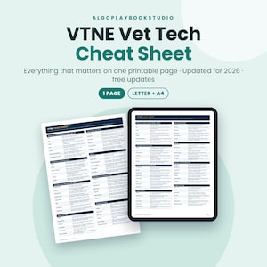 May include: A VTNE Vet Tech Cheat Sheet document featuring dark blue headers and white tables with text. The title reads VTNE Vet Tech Cheat Sheet, Everything that matters on one printable page, Updated for 2026, free updates, 1 PAGE, LETTER + A4.