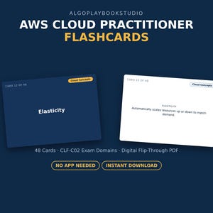 May include: A set of AWS Cloud Practitioner flashcards from Algoplaybookstudio. The dark blue card displays the text Elasticity, while the white card defines it as automatically scaling resources up or down to match demand. Includes 48 cards.