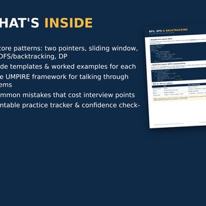 May include: A dark blue informational graphic titled WHAT'S INSIDE listing five core coding patterns including two pointers, sliding window, BFS, DFS/backtracking, and DP, alongside code templates, the UMPIRE framework, and a practice tracker.