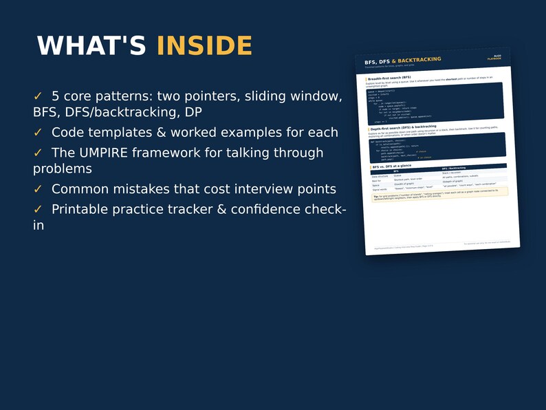May include: A dark blue informational graphic titled WHAT'S INSIDE listing five core coding patterns including two pointers, sliding window, BFS, DFS/backtracking, and DP, alongside code templates, the UMPIRE framework, and a practice tracker.