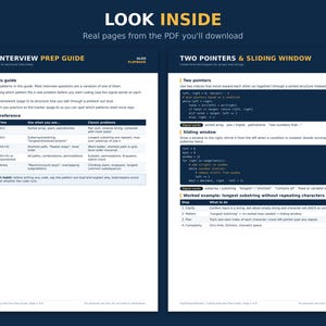 May include: Two pages of a digital coding interview prep guide with dark blue headers. The left page is titled Coding Interview Prep Guide and contains a pattern quick reference table. The right page is titled Two Pointers & Sliding Window.