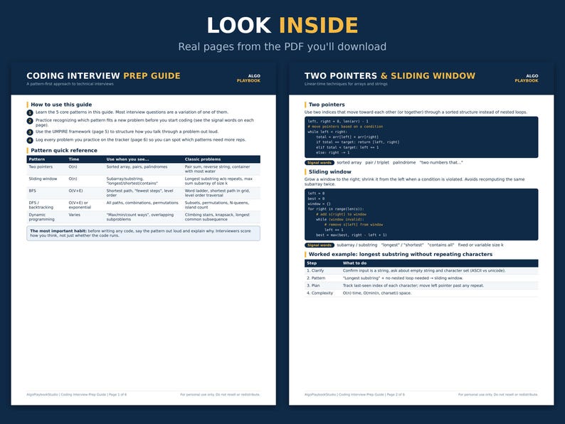 May include: Two pages of a digital coding interview prep guide with dark blue headers. The left page is titled Coding Interview Prep Guide and contains a pattern quick reference table. The right page is titled Two Pointers & Sliding Window.
